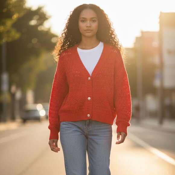 Hazel Moon Red Open Knit Pearl Button Up Sweater V-Neck Long Sleeve Women's Sz M - Picture 1 of 13